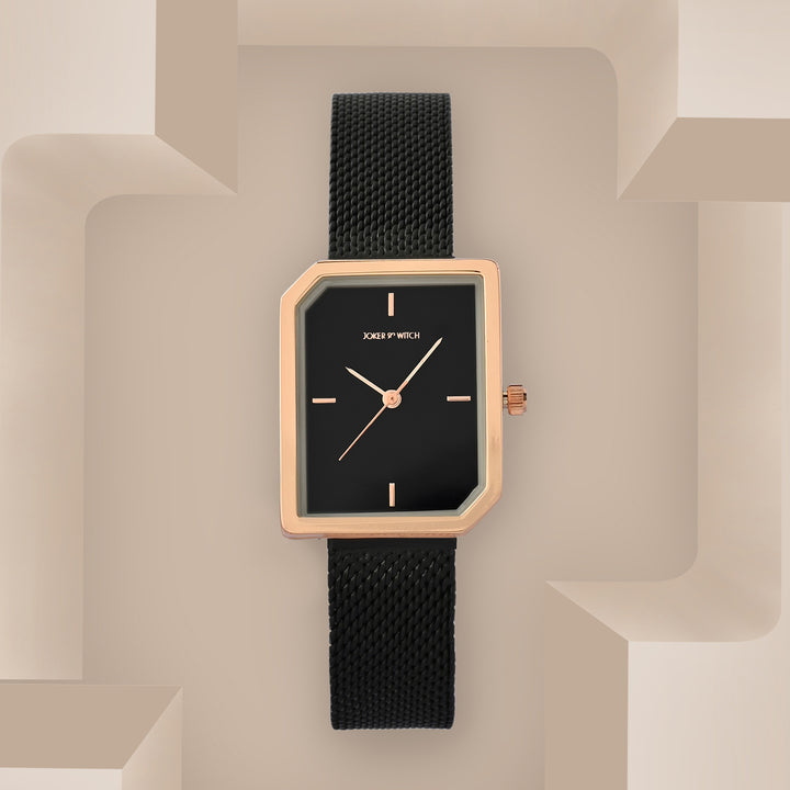 Edge Black Small Hexagon Dial Mesh Strap Women's Watch