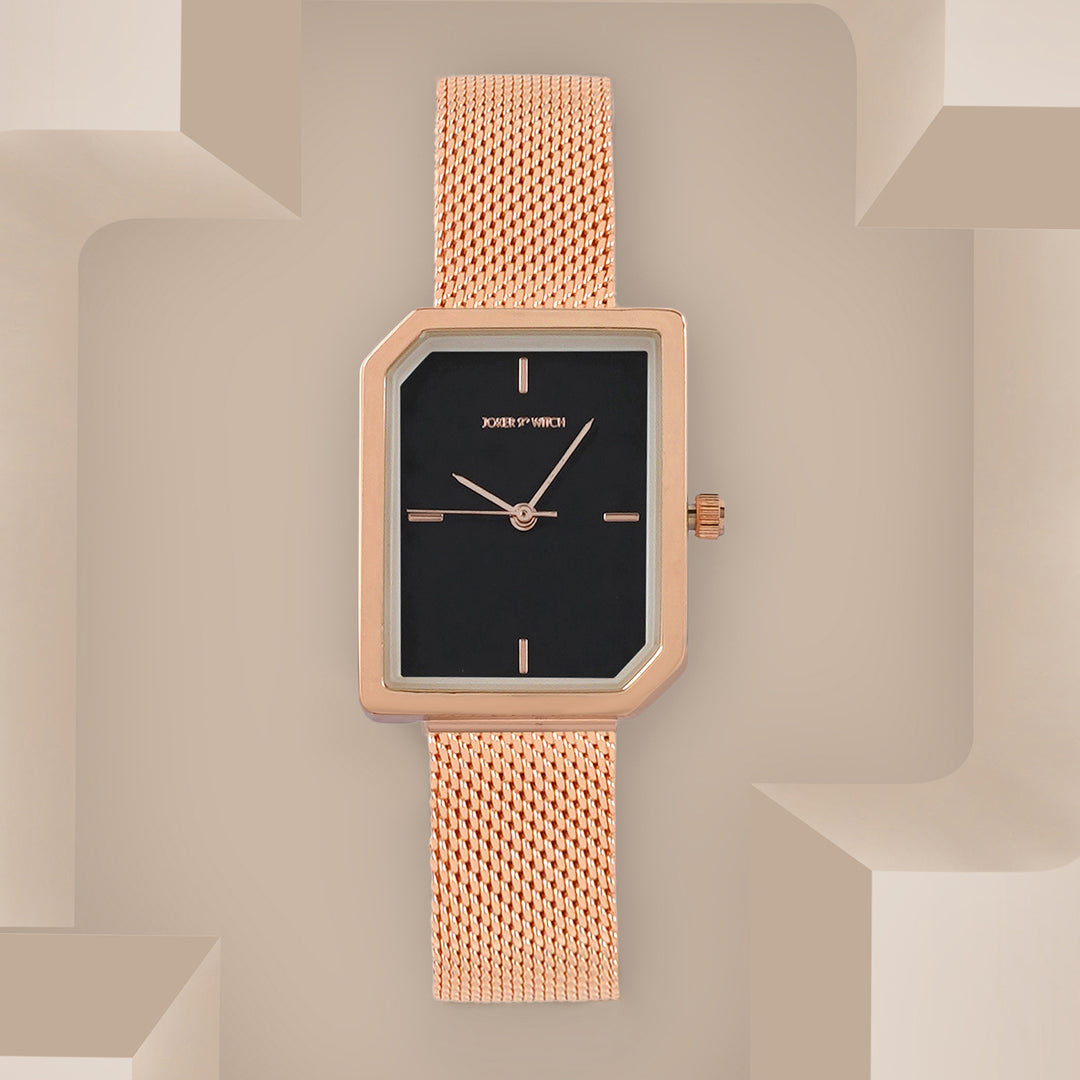 Edge Black Small Hexagon Dial Rose Gold Mesh Strap Women's Watch