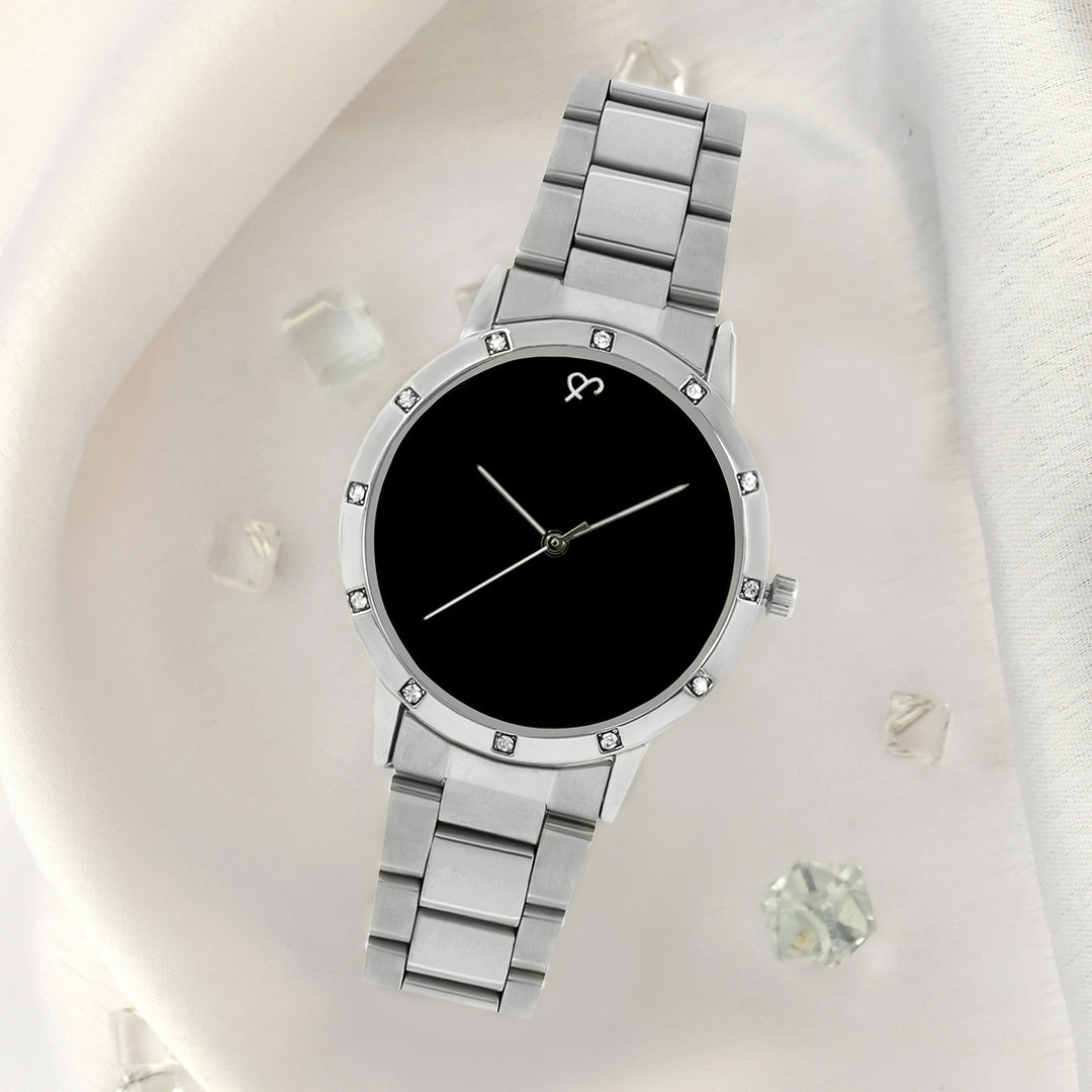 Dusk Black Large Rhinestone Dial Silver Linked Chain Strap Women's Watch