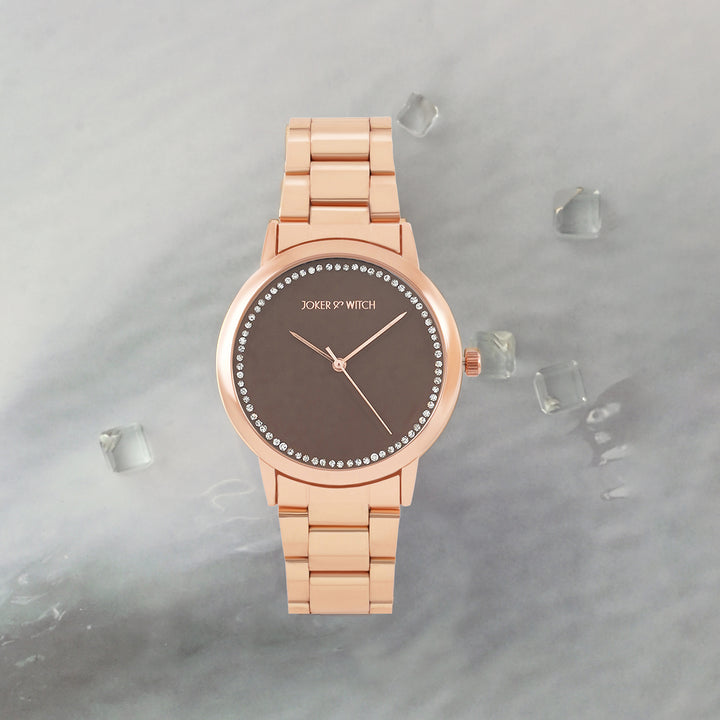 Castor Brown Large Rhinestone Dial Rose Gold Linked Chain Strap Women's Watch