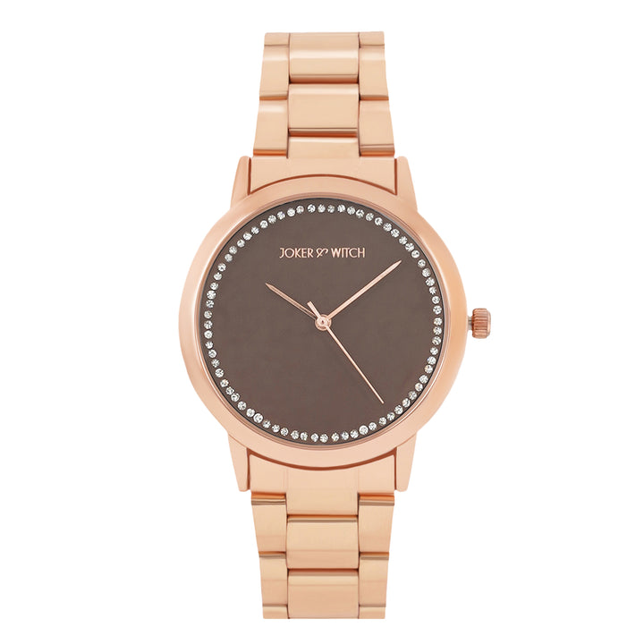 Castor Brown Large Rhinestone Dial Rose Gold Linked Chain Strap Women's Watch