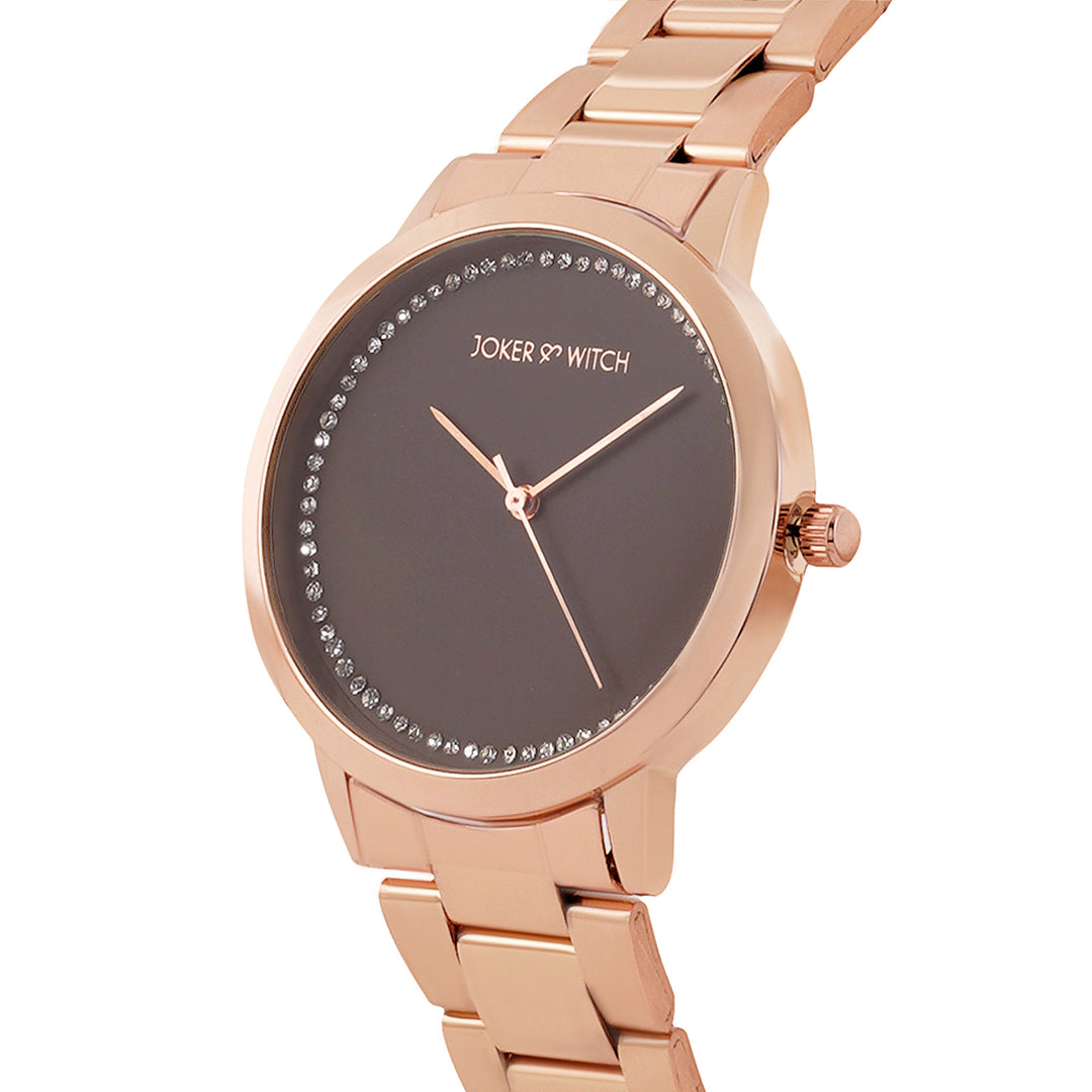 Castor Brown Large Rhinestone Dial Rose Gold Linked Chain Strap Women's Watch