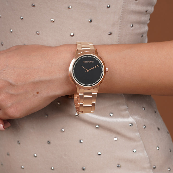 Castor Grey Large Rhinestone Dial Rose Gold Linked Chain Strap Women's Watch