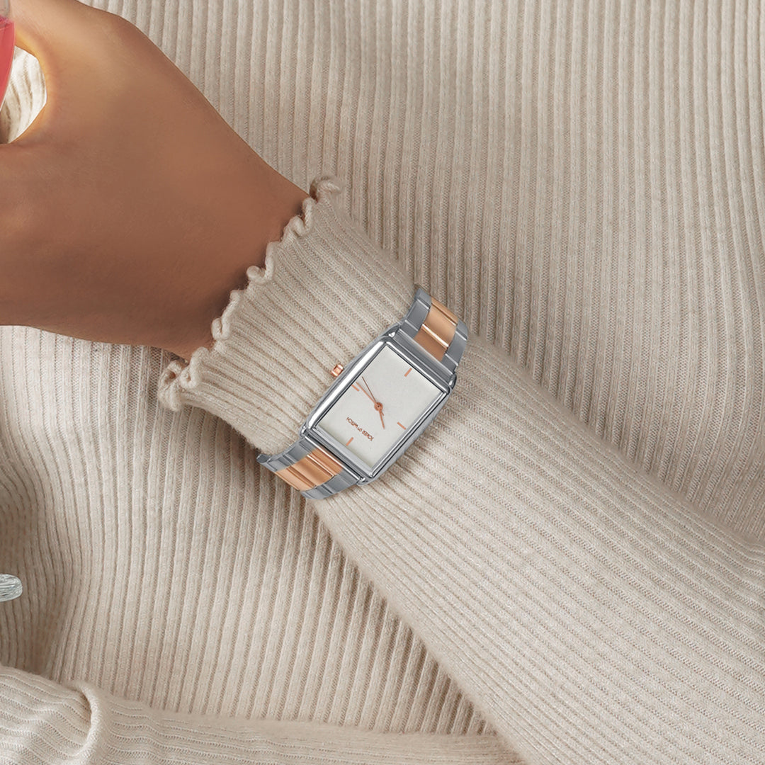 Patio White Medium Rectangle Dial Dual Tone Linked Chain Strap Women's Watch