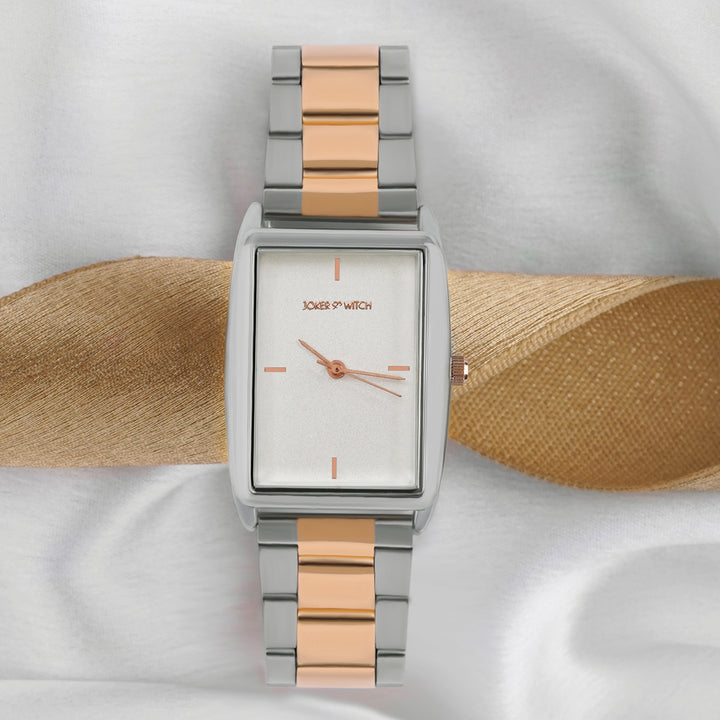 Patio White Medium Rectangle Dial Dual Tone Linked Chain Strap Women's Watch