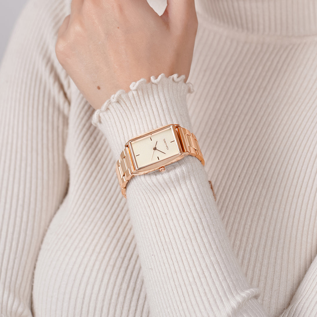 Patio White Medium Rectangle Dial Rose Gold Linked Chain Strap Women's Watch