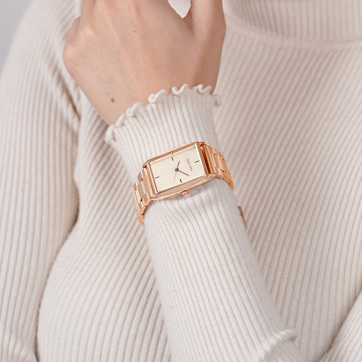 Patio White Medium Rectangle Dial Rose Gold Linked Chain Strap Women's Watch