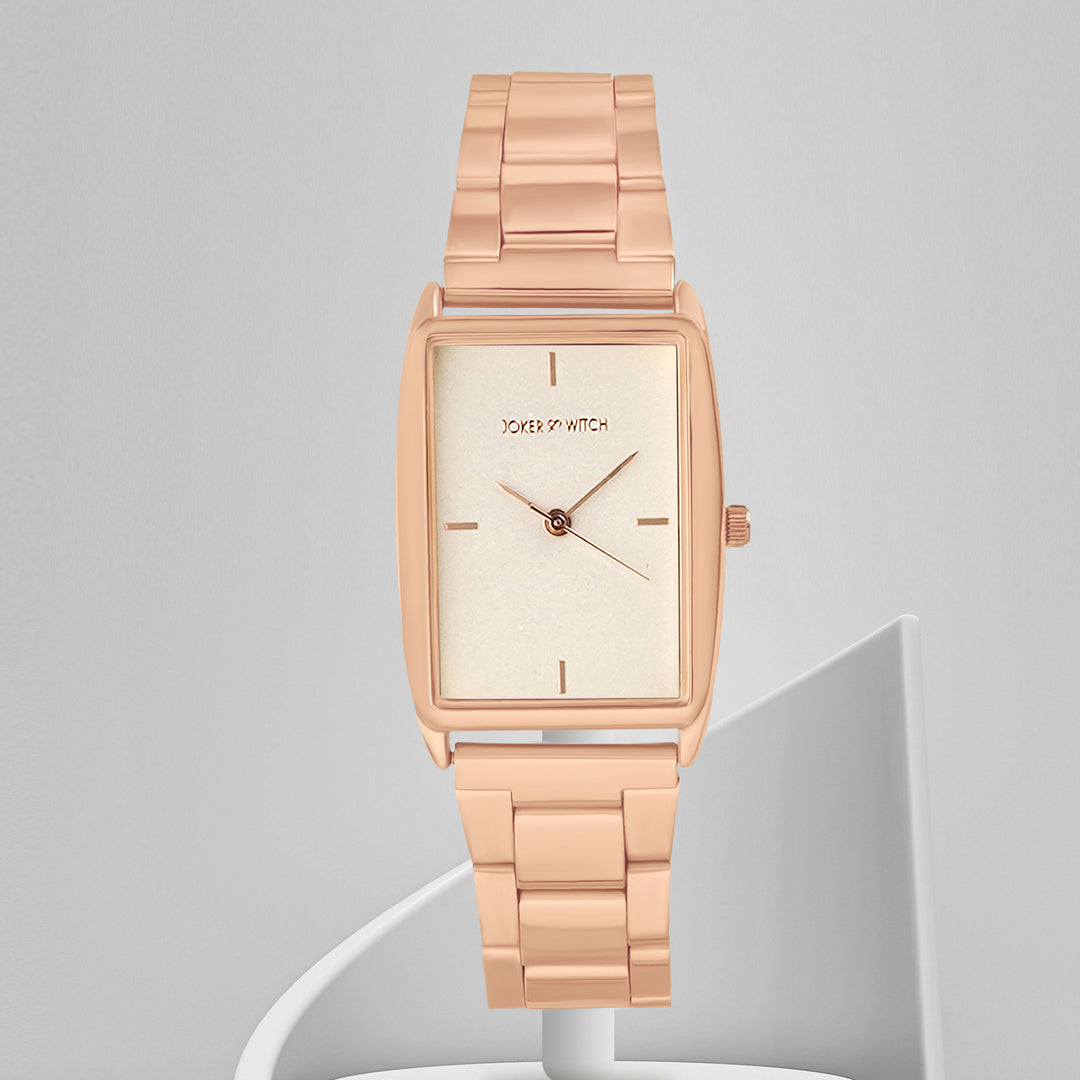 Patio White Medium Rectangle Dial Rose Gold Linked Chain Strap Women's Watch