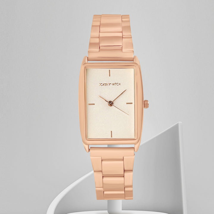 Patio White Medium Rectangle Dial Rose Gold Linked Chain Strap Women's Watch