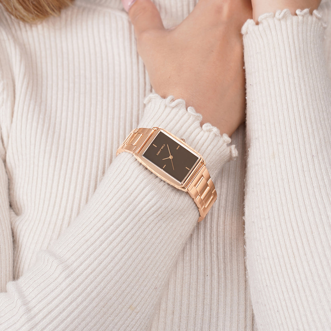 Patio Brown Medium Rectangle Dial Rose Gold Linked Chain Strap Women's Watch