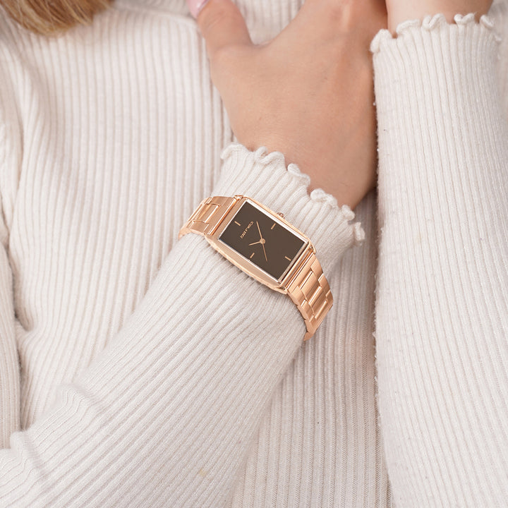 Patio Brown Medium Rectangle Dial Rose Gold Linked Chain Strap Women's Watch