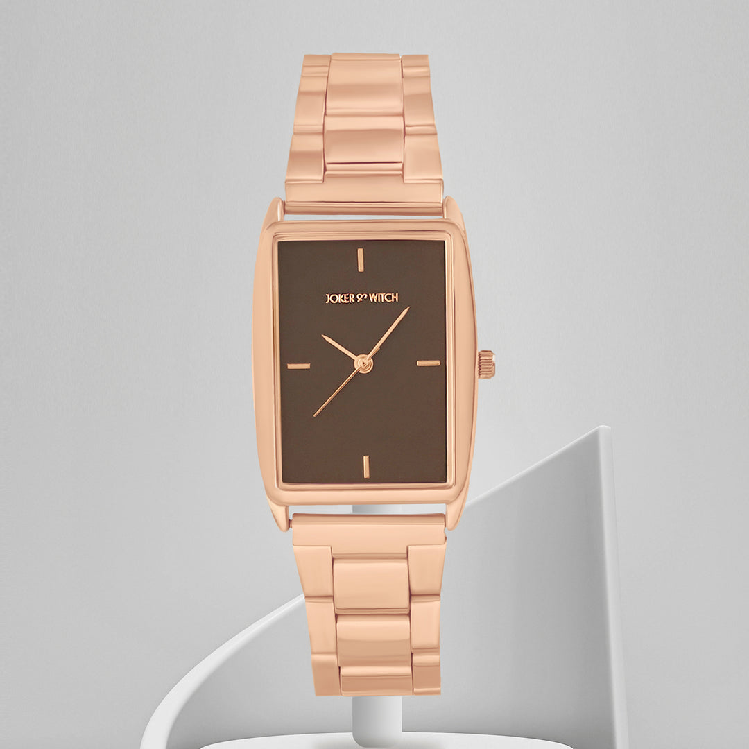 Patio Brown Medium Rectangle Dial Rose Gold Linked Chain Strap Women's Watch