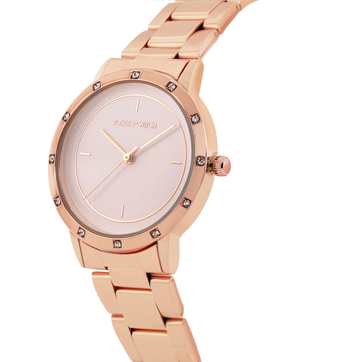 Sunset Pink Medium Rhinestone Dial Rose Gold Linked Chain Strap Women's Watch