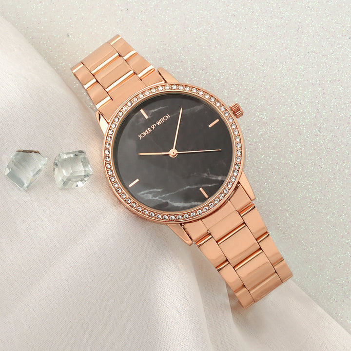 Comet Black Marble Medium Rhinestone Dial Rose Gold Linked Chain Strap Women's Watch
