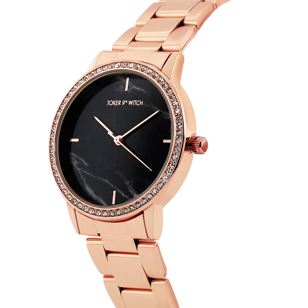 Comet Black Marble Medium Rhinestone Dial Rose Gold Linked Chain Strap Women's Watch