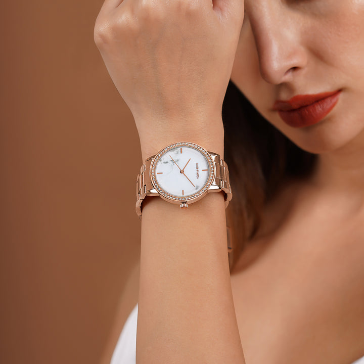 Comet White Marble Medium Rhinestone Dial Rose Gold Linked Chain Strap Women's Watch
