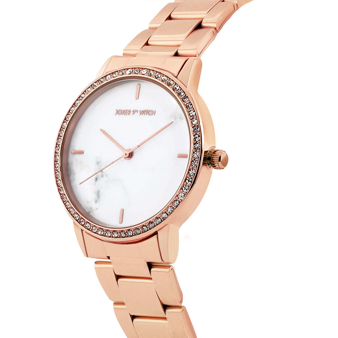 Comet White Marble Medium Rhinestone Dial Rose Gold Linked Chain Strap Women's Watch