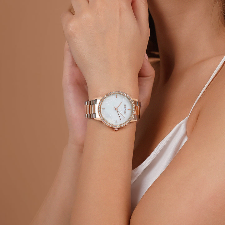 Comet White MOP Medium Rhinestone Dial Dual Tone Linked Chain Strap Women's Watch