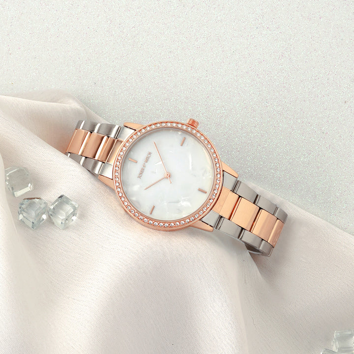 Comet White MOP Medium Rhinestone Dial Dual Tone Linked Chain Strap Women's Watch