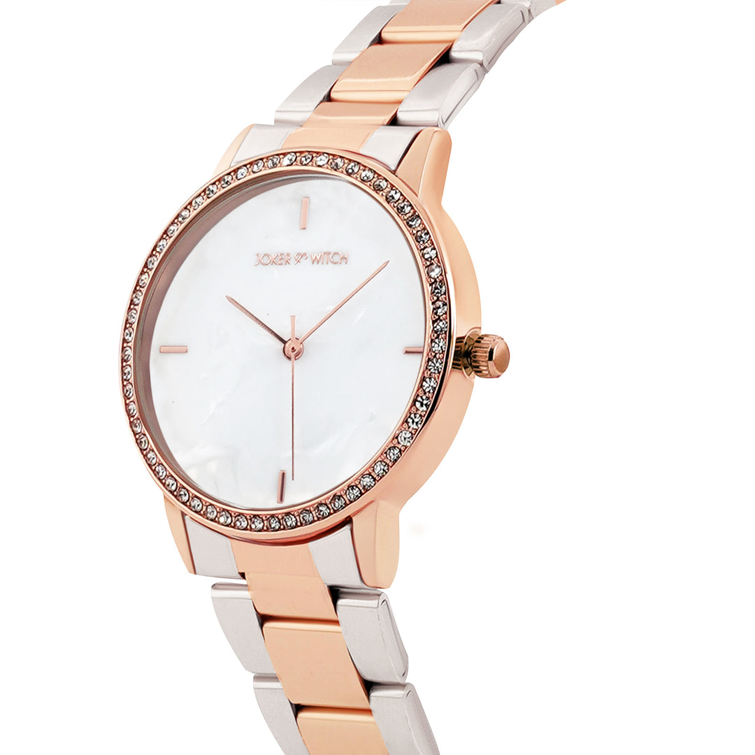 Comet White MOP Medium Rhinestone Dial Dual Tone Linked Chain Strap Women's Watch