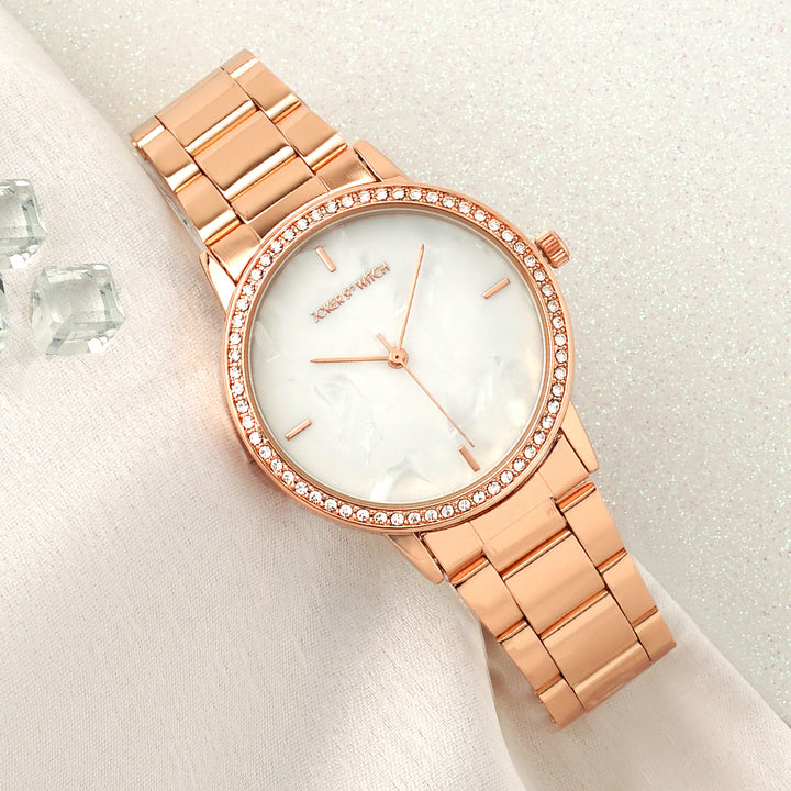 Comet White MOP Medium Rhinestone Dial Rose Gold Linked Chain Strap Women's Watch