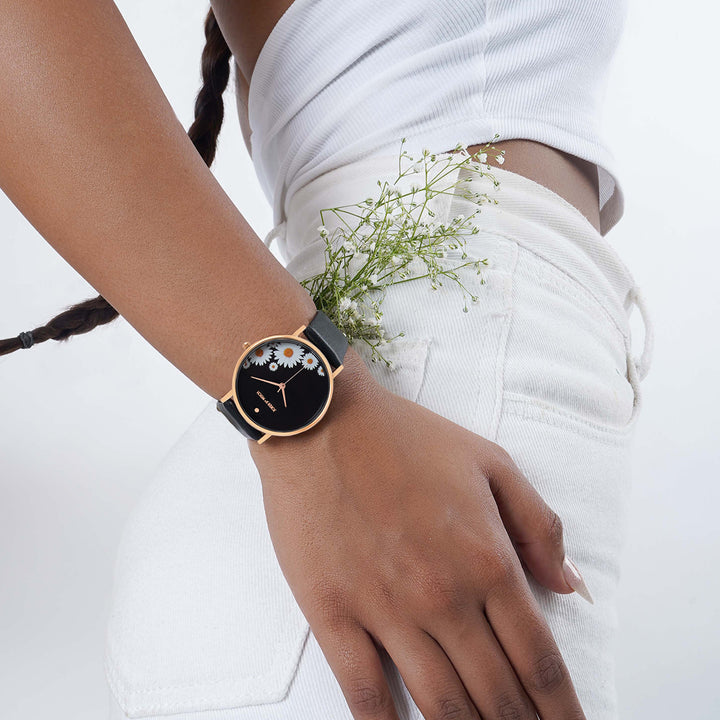 Printed Chamomile Black Medium Dial PU Strap Women's Watch