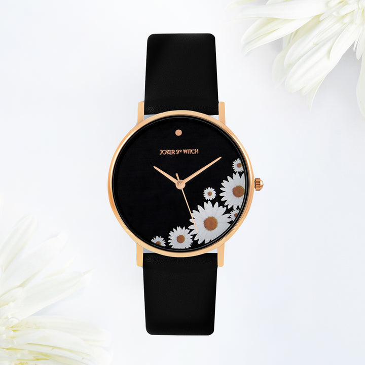 Printed Chamomile Black Medium Dial PU Strap Women's Watch