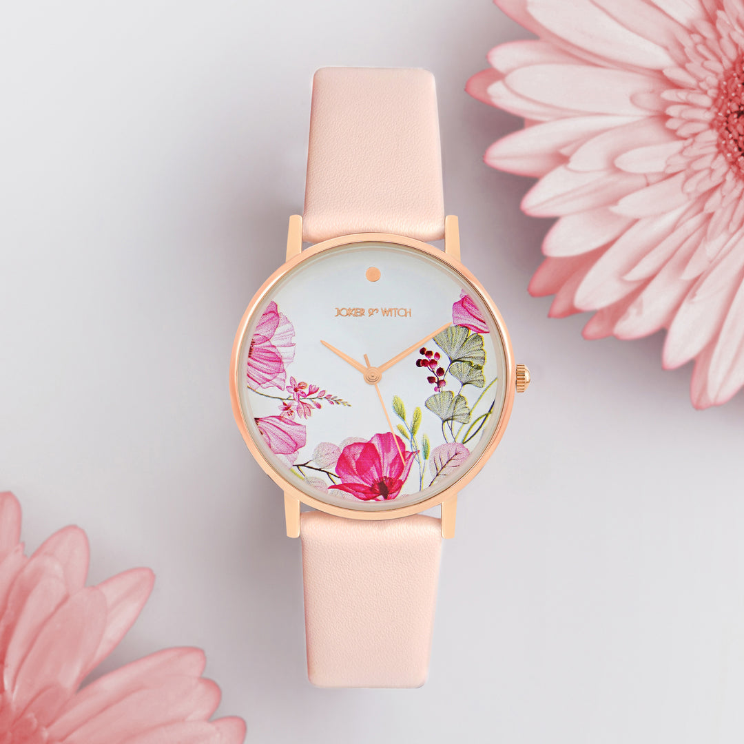 Printed Bloom In White Medium Dial Pink PU Strap Women's Watch