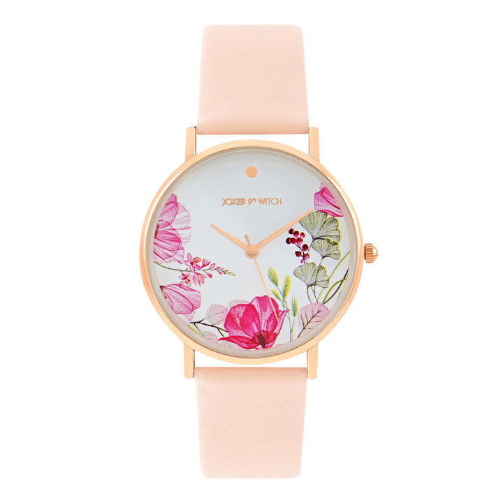 Printed Bloom In White Medium Dial Pink PU Strap Women's Watch