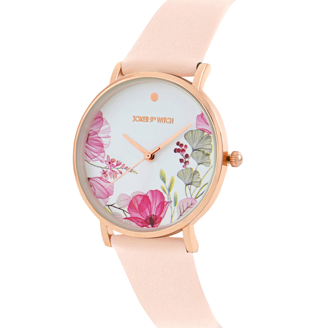 Printed Bloom In White Medium Dial Pink PU Strap Women's Watch
