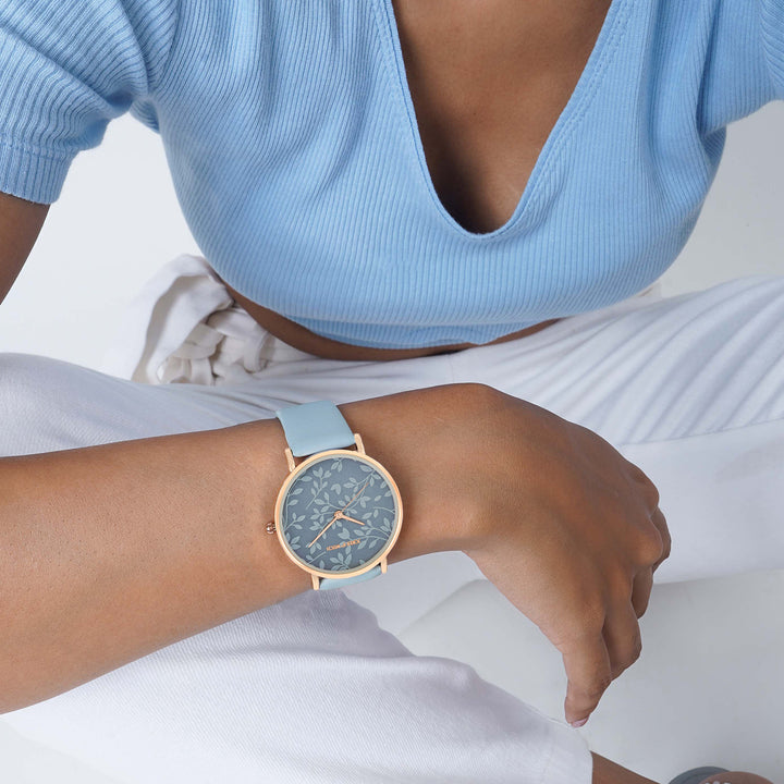 Printed Fern Blue Medium Dial PU Strap Women's Watch