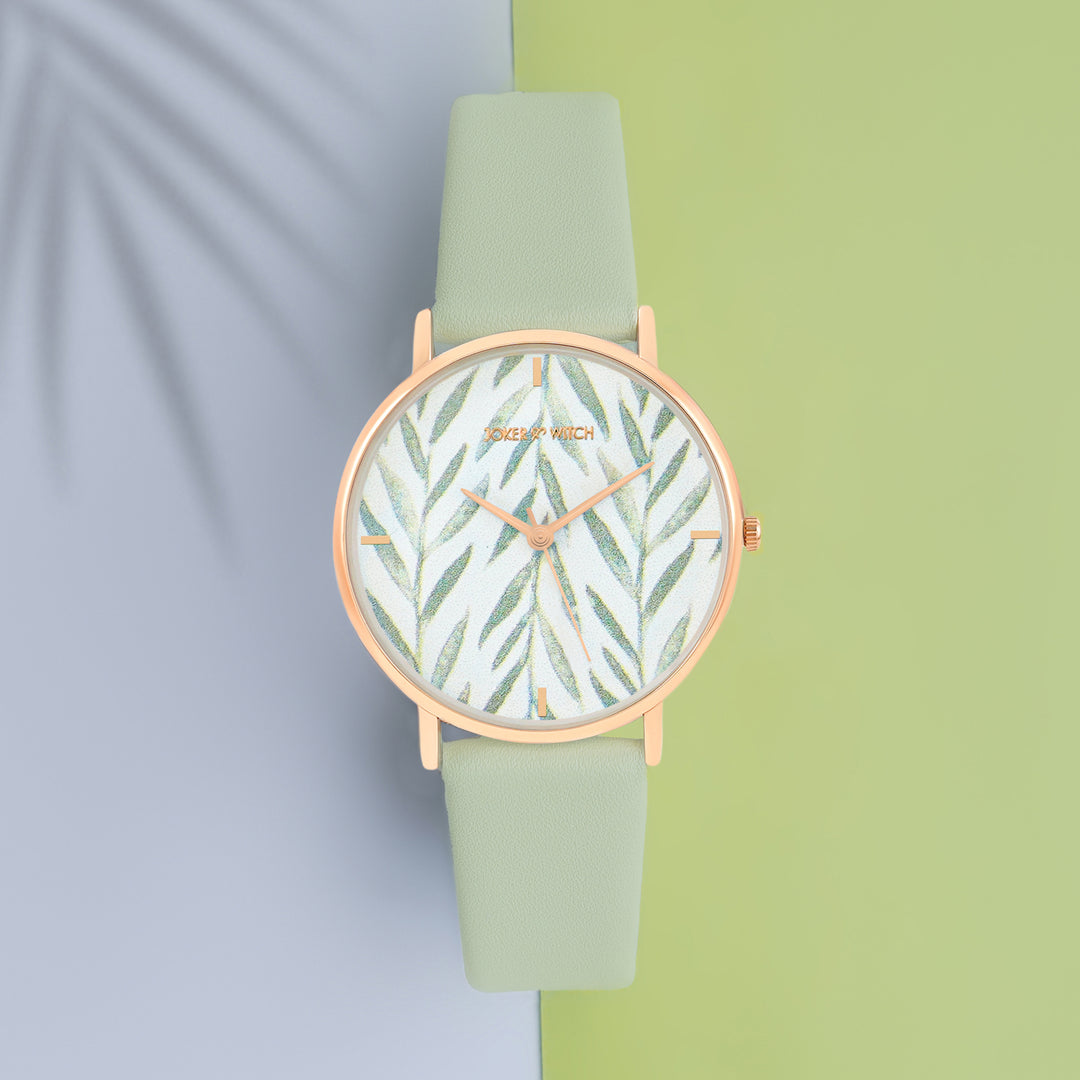 Printed Very Leafy White Medium Dial Green PU Strap Women's Watch