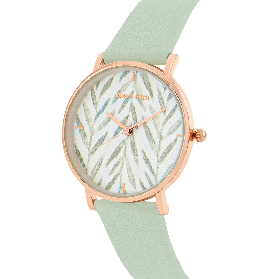 Printed Very Leafy White Medium Dial Green PU Strap Women's Watch