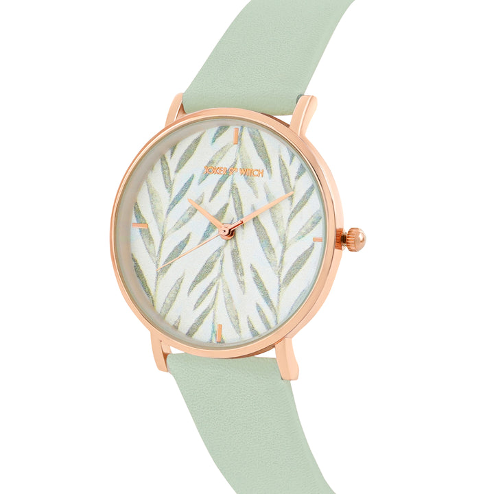Printed Very Leafy White Medium Dial Green PU Strap Women's Watch