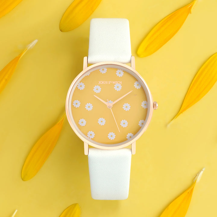 Printed Summer Sunshine Yellow Medium Dial White PU Strap Women's Watch