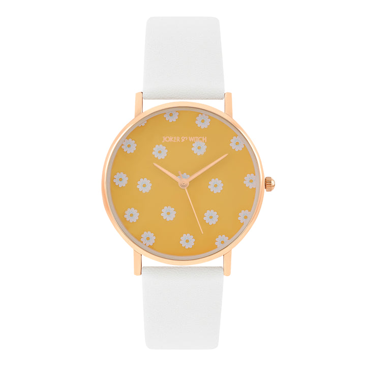 Printed Summer Sunshine Yellow Medium Dial White PU Strap Women's Watch