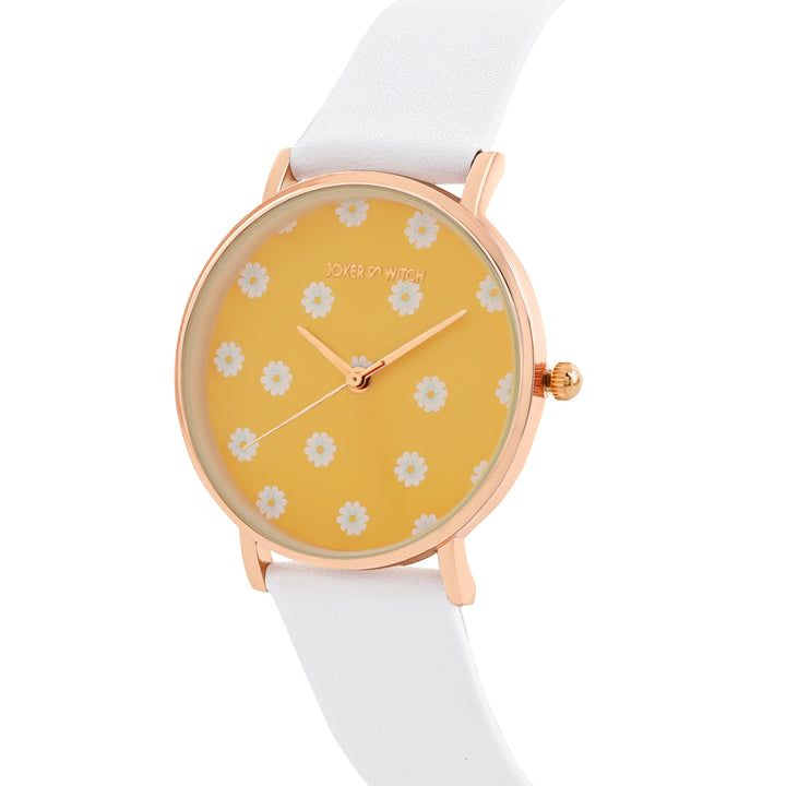 Printed Summer Sunshine Yellow Medium Dial White PU Strap Women's Watch