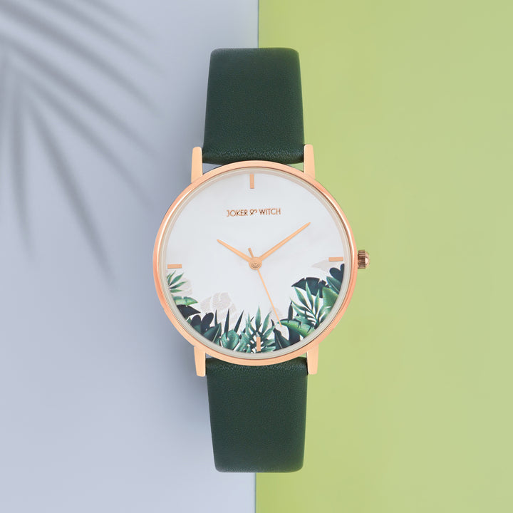 Printed Leaf Bay White Medium Dial Dark Green PU Strap Women's Watch