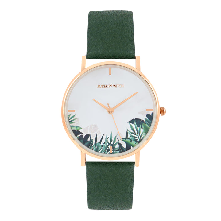Printed Leaf Bay White Medium Dial Dark Green PU Strap Women's Watch