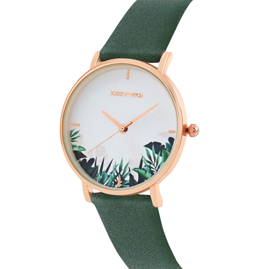 Printed Leaf Bay White Medium Dial Dark Green PU Strap Women's Watch