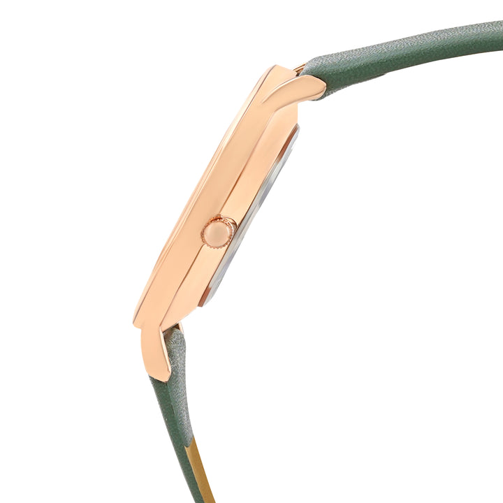 Printed Leaf Bay White Medium Dial Dark Green PU Strap Women's Watch