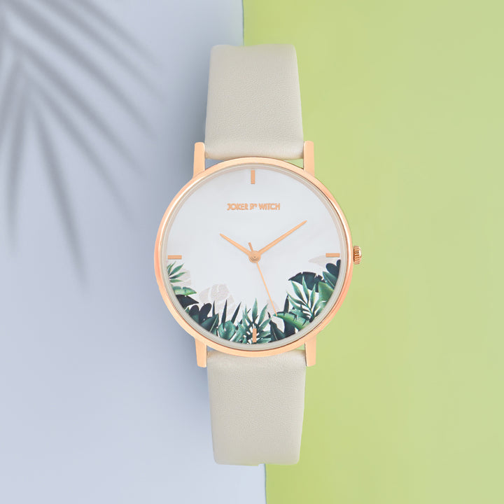 Printed Leaf Bay White Medium Dial Beige PU Strap Women's Watch