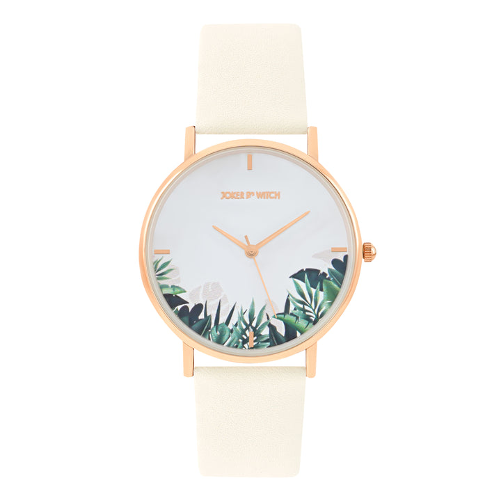 Printed Leaf Bay White Medium Dial Beige PU Strap Women's Watch