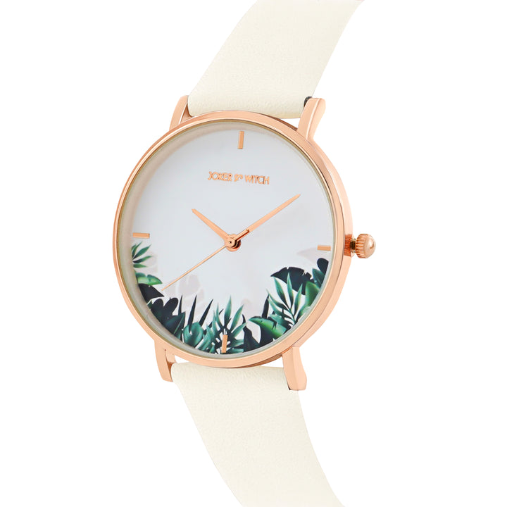 Printed Leaf Bay White Medium Dial Beige PU Strap Women's Watch