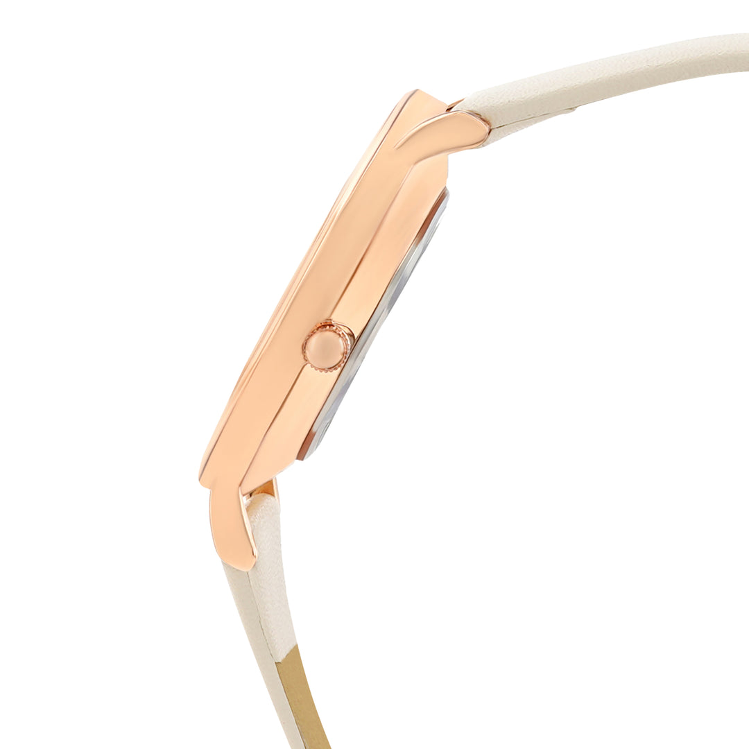 Printed Leaf Bay White Medium Dial Beige PU Strap Women's Watch