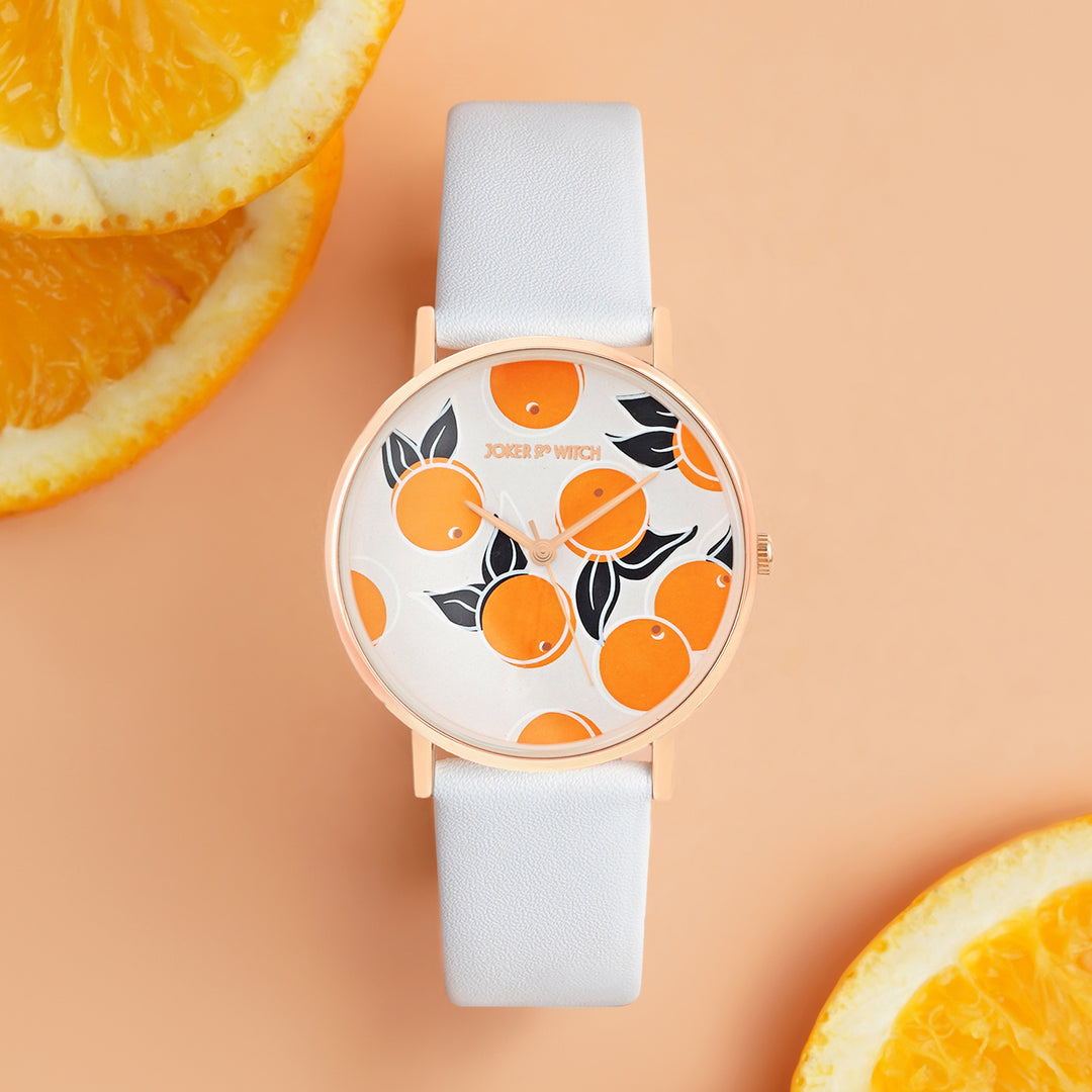 Printed Zesty Orange Medium Dial White PU Strap Women's Watch