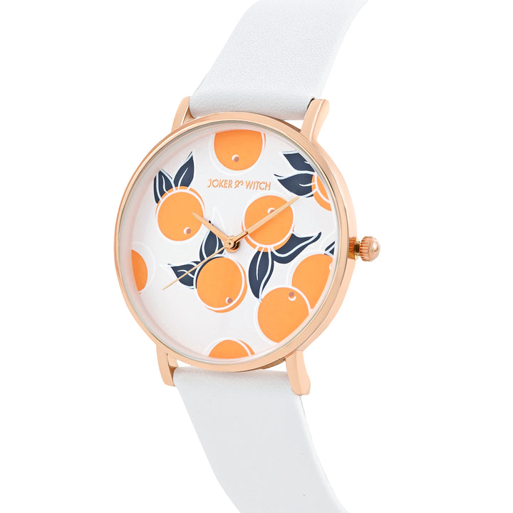Printed Zesty Orange Medium Dial White PU Strap Women's Watch