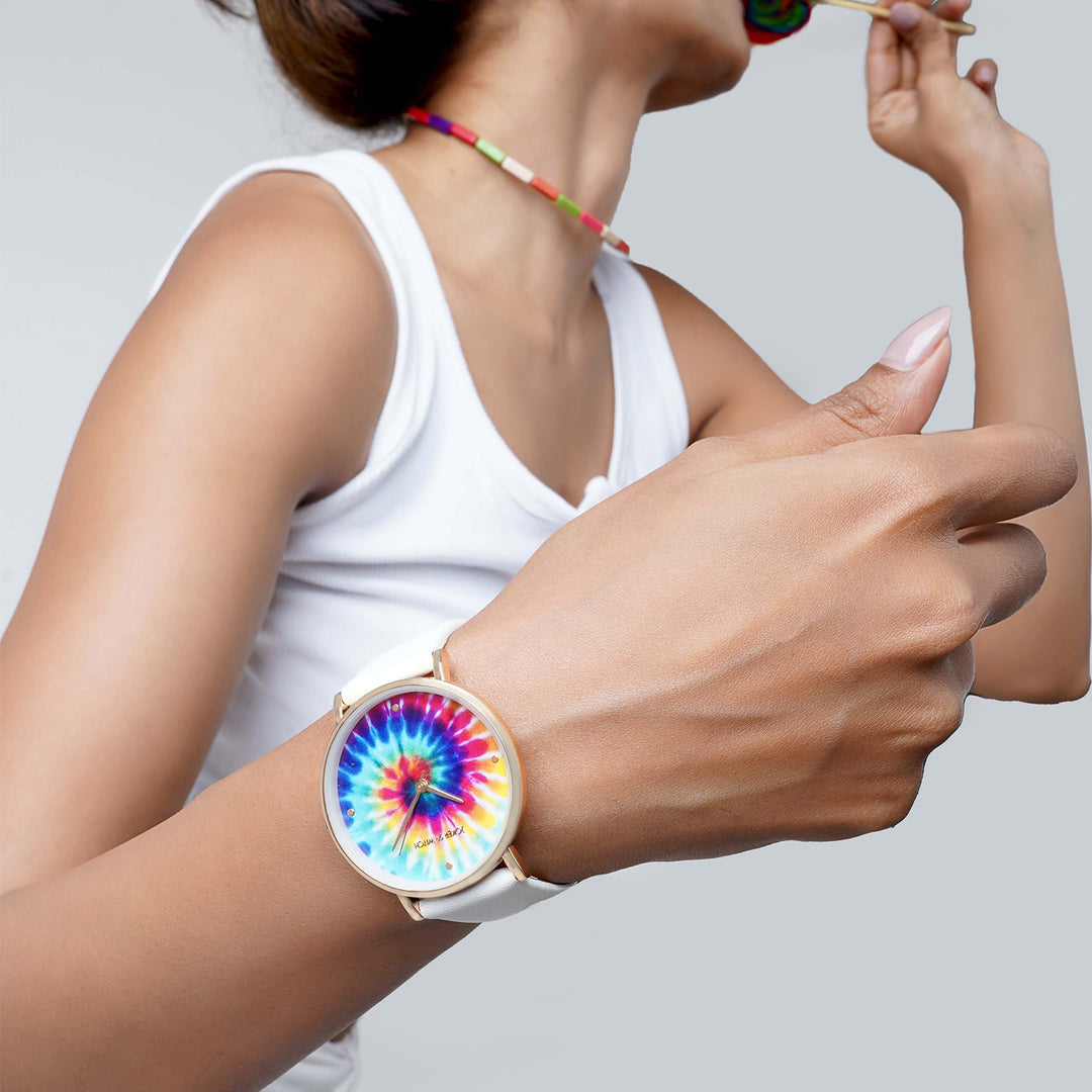 Printed Rainbow Tie-Dye Medium Dial White PU Strap Women's Watch