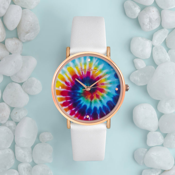 Printed Rainbow Tie-Dye Medium Dial White PU Strap Women's Watch