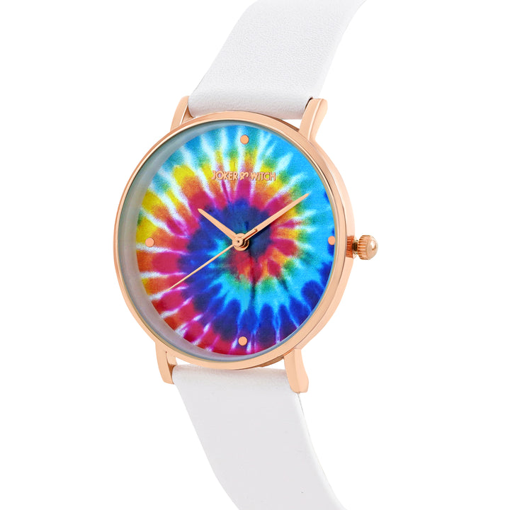 Printed Rainbow Tie-Dye Medium Dial White PU Strap Women's Watch